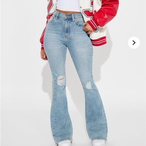 Blue Flare Wide Leg Jeans with Distressed Details